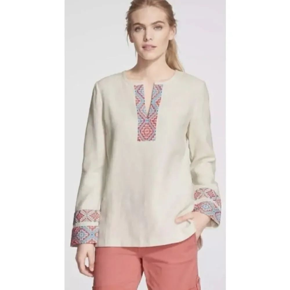 Tory Burch Cream Linen Tunic with Embroidery Accents Sz. 4